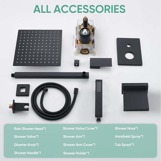 Black Tub Shower System, All Metal Tub Shower Faucet Set - Image 9