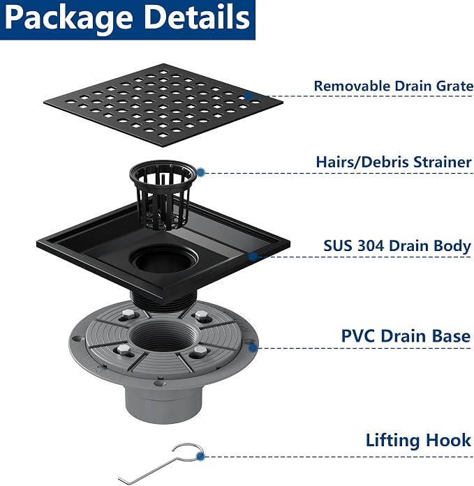 Neodrain Square Shower Drain, 6 inch Black Stainless Steel 304 Grate and PVC - Image 2