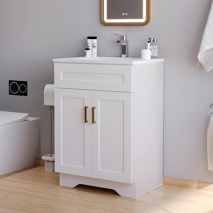 Bathroom 24" Vanity with Ceramic Sink, Wooden Double Door Bathroom Storage by Chyanmoo