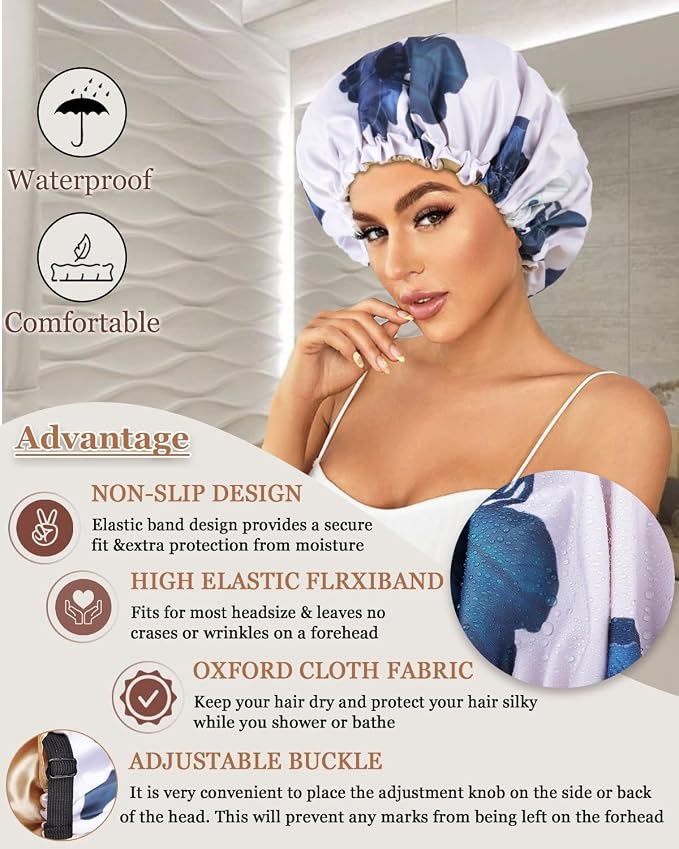Large Shower Caps for Women Reusable Waterproof Satin Lined Shower Cap - Image 2