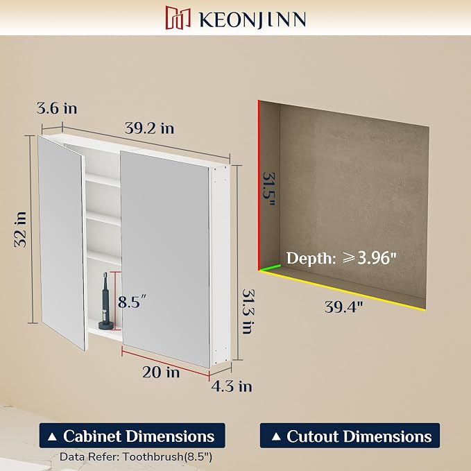 Keonjinn 40 x 32 Inch Large Medicine Cabinet - Image 2