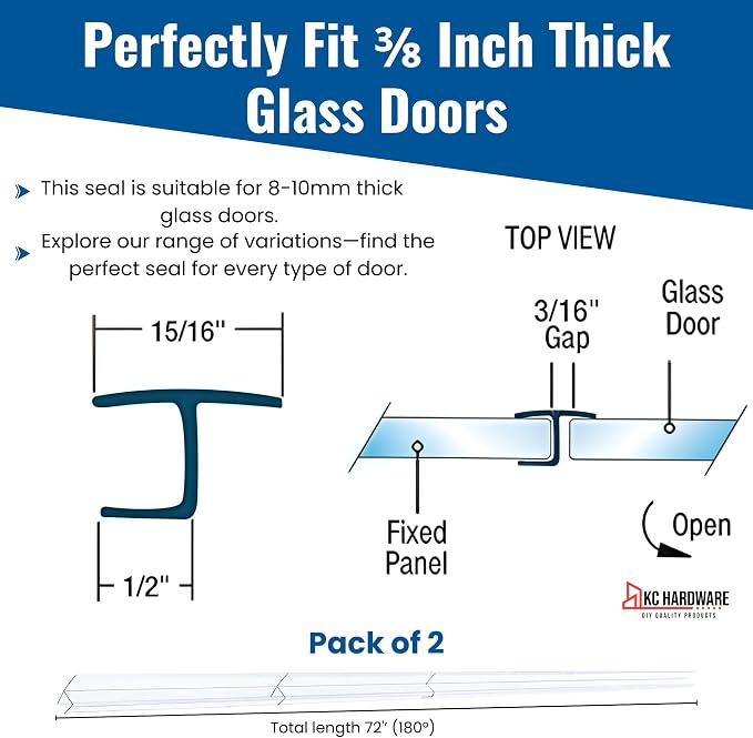Frameless Shower Door Side Seal Strip H-Type 180 Degree 72inch Length - Image 3