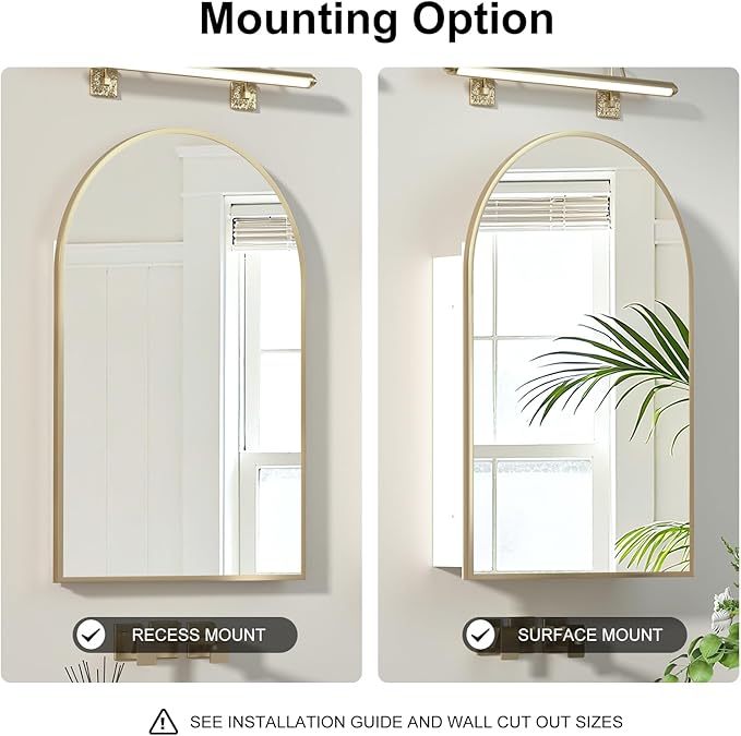 Recessed Medicine Cabinet for Bathroom, Brushed Gold Arched Medicine Cabinet - Image 3