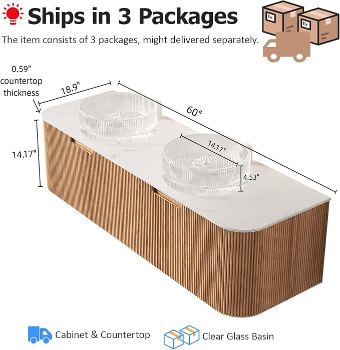 60" Bathroom Vanity with Double Sink, Floating Bathroom Vanities with Round - Image 2