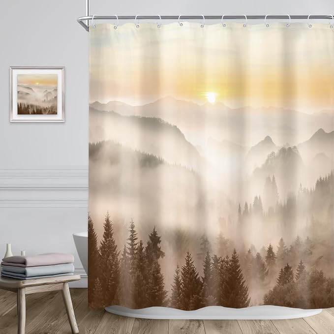 Riyidecor Misty Mountain Shower Curtain 60Wx72H Inch Brown Sunrise Nature - Image 3