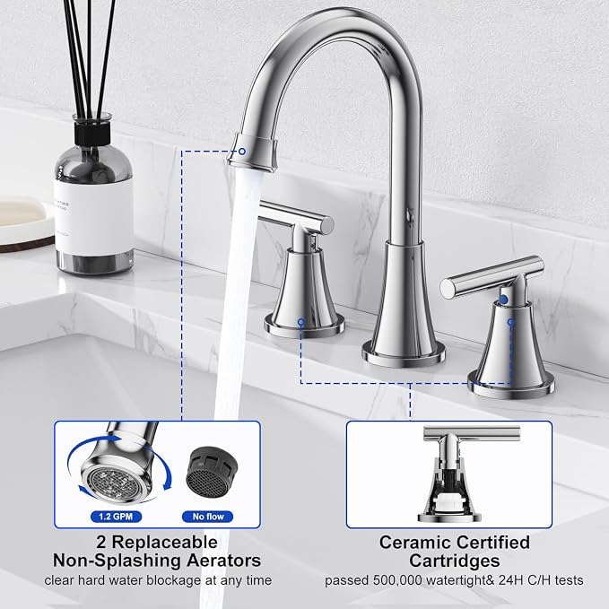 Bathroom Faucets for Sink 3 Hole, Hurran Chrome Bathroom Sink Faucet - Image 4