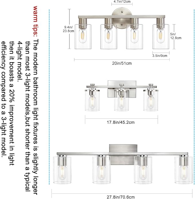 4 Light Bathroom Vanity Light, Brushed Nickel 4-Light Bathroom Light Fixtures - Image 5
