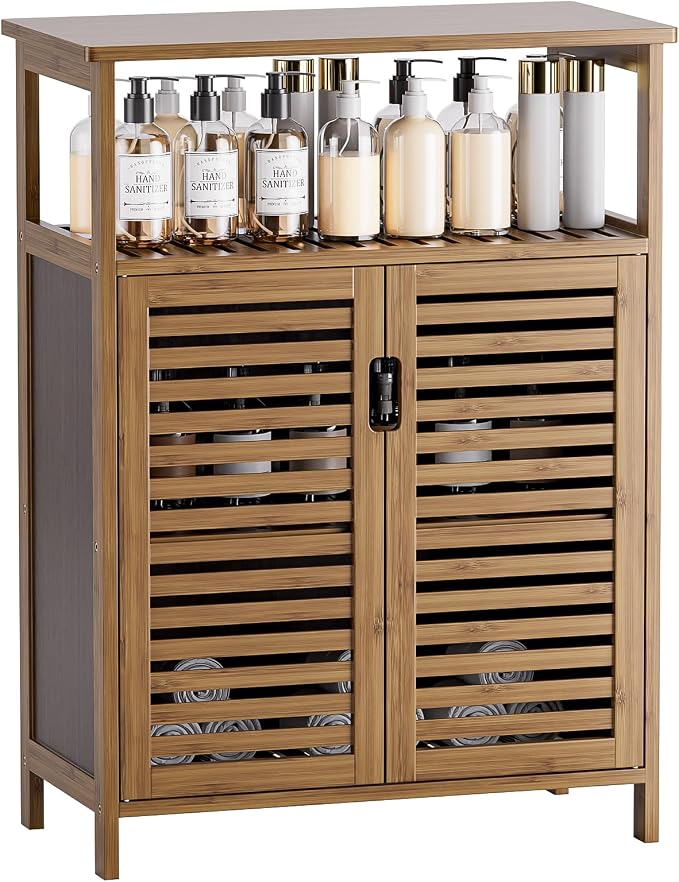 HITNET Walnut Bathroom Floor Cabinet, Bamboo Side Tall Storage Organizer by HITNET
