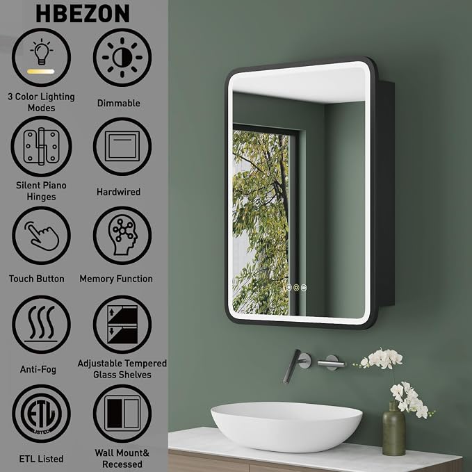 Medicine Cabinet with LED Lights and Mirror, 28 x 20 Inch Wall or Recessed - Image 3