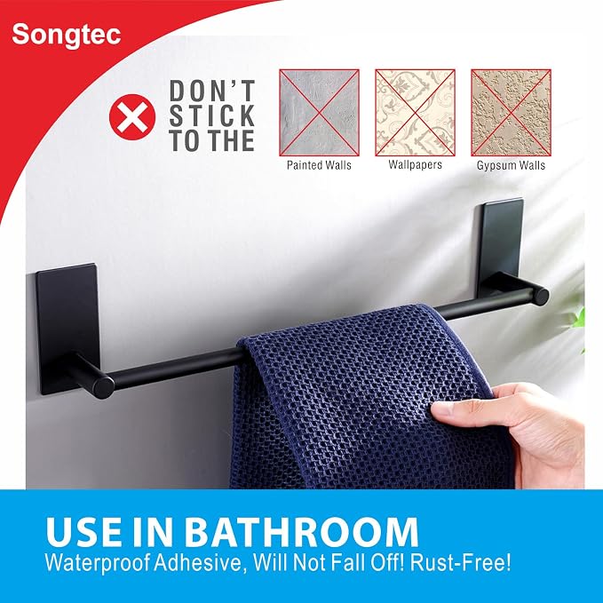 Songtec Adhesive Towel Bar Black 16-Inch, Stick On Bath Towel Rack No Drill - Image 4