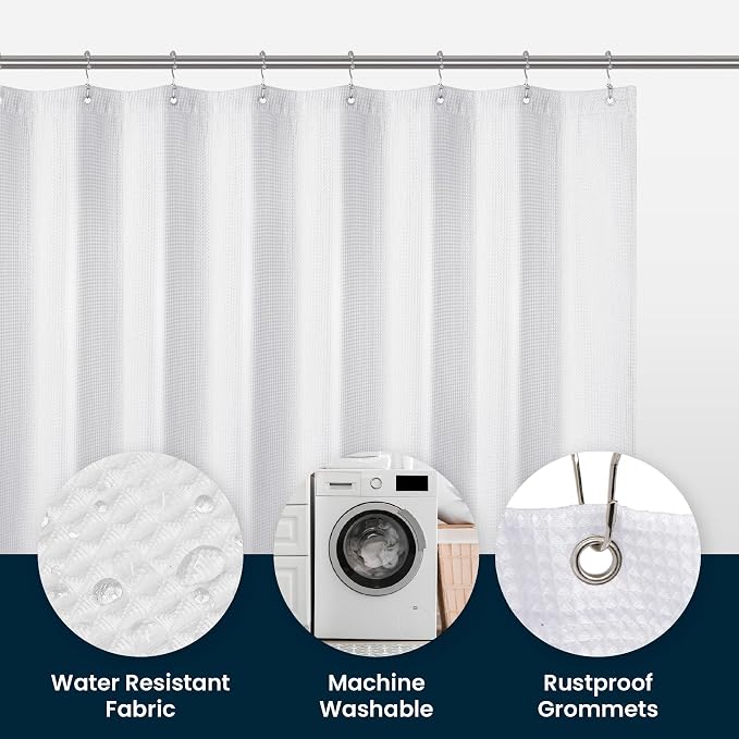 LiBa Waffle Weave Fabric White Shower Curtain, 72 W x 72 H Water Repellent & - Image 2