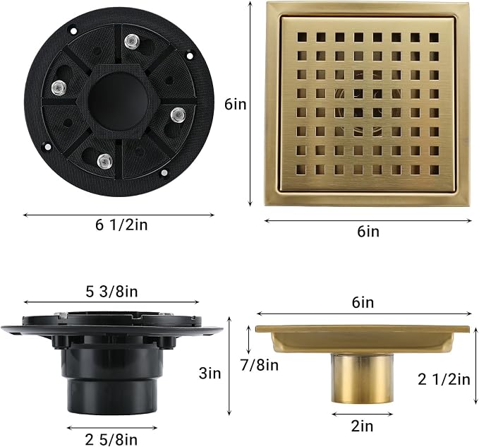 6 Inch Square Shower Floor Drain, Stainless Steel Black Shower Drain Kit - Image 6