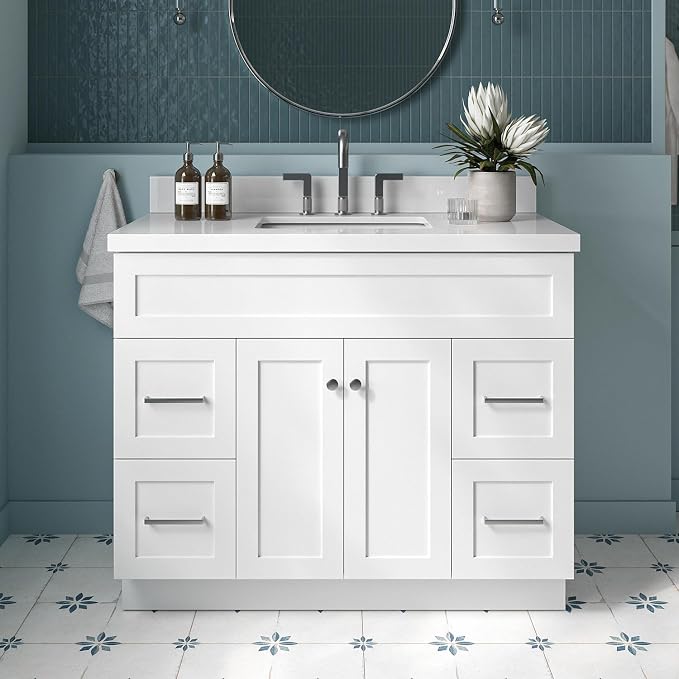 ARIEL Hamlet 43 Inch Single Sink Bathroom Vanity in White, 1.5" Edge Quartz Top by Ariel