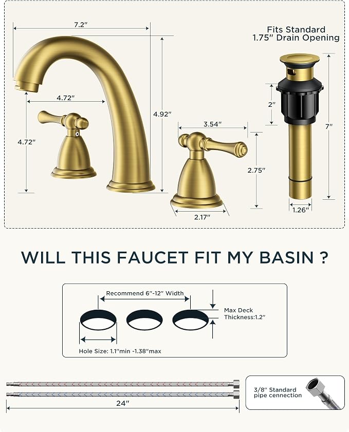 FORIOUS Brushed Gold Faucet for Bathroom Sink 3 Hole, 8 Inch Widespread - Image 2