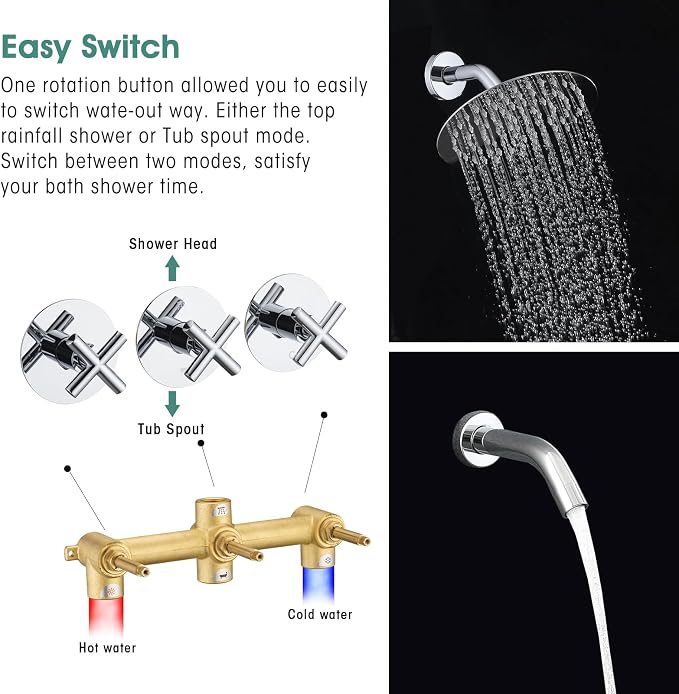 PROOX 3 Handle Tub Shower Faucet Set, Polished Chrome Bathtub Shower Faucets - Image 5