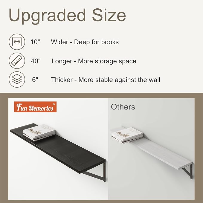Fun Memories 40 Inch Floating Shelves, 10 Inch Deep Wall Shelf, 40 x 10 - Image 4