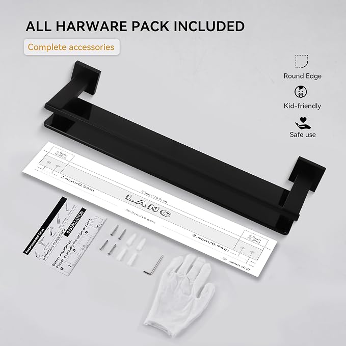 LANC Black Bathroom Shelves Glass Shelf 20-Inch Floating Tempered Glass Shelf - Image 8