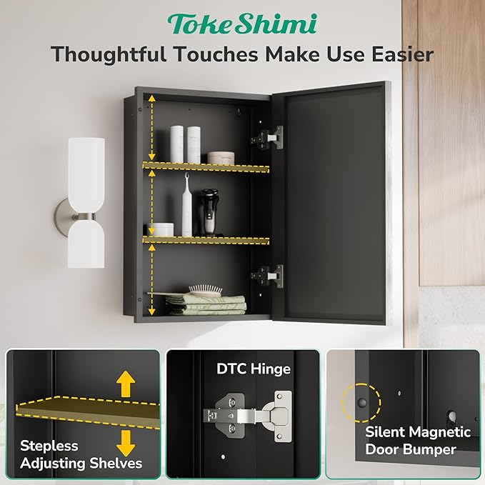 TokeShimi 24x26 Beveled Mirror Medicine Cabinet Recessed, Aluminum Framed Metal - Image 5