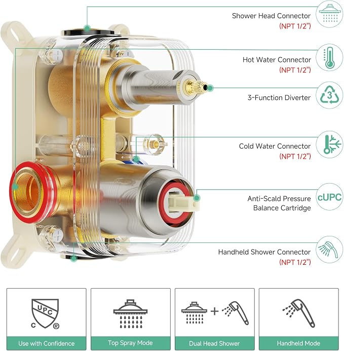 SR SUN RISE 12 Inch Rain Shower System, High Pressure Shower Heads and Handheld - Image 3