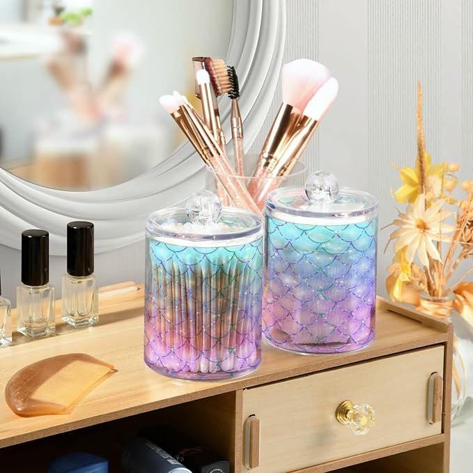 MNSRUU 4 Pack Qtip Holder Organizer Dispenser Pink Blue Mermaid Scales Bathroom - Image 6
