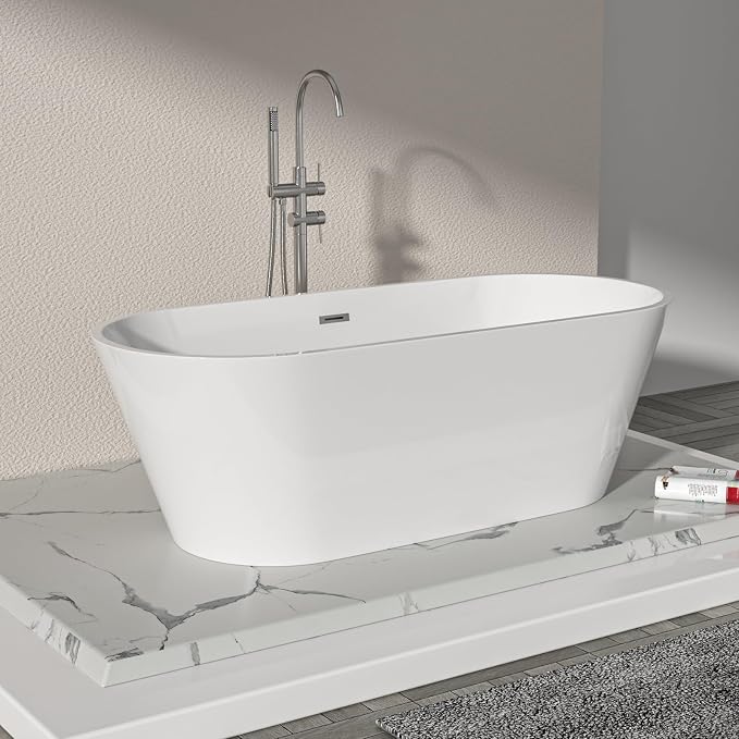 Logmey 63" White Acrylic Freestanding Bathtub Oval Shape Soaking Tub by Logmey