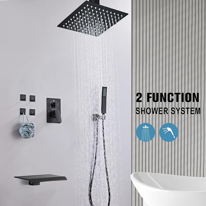 12 Inch Ceiling Mount Shower System Matte Black Rain Mixer Shower Combo Set - Image 5