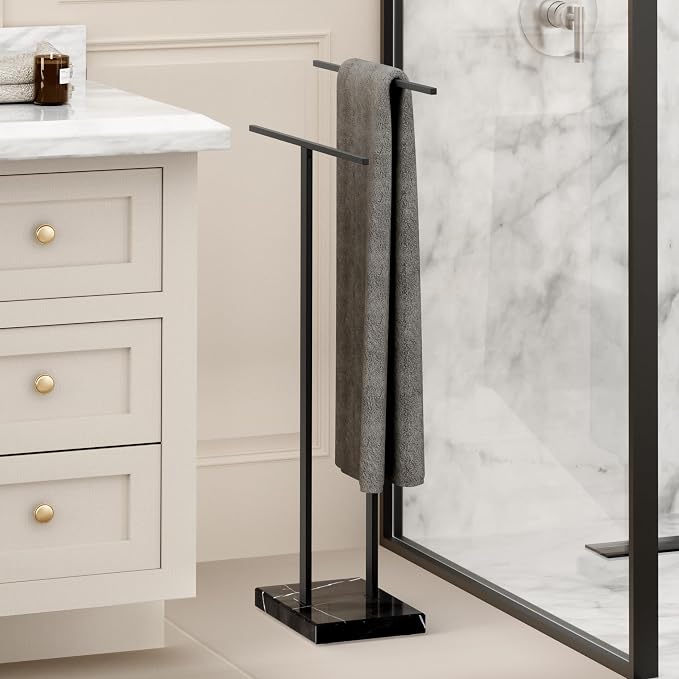 KES Standing Towel Rack with Black Natural Marble Base, 2-Tier Towel Rack Stand - Image 6
