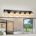 6-Light Crystal Bathroom Vanity Light, Modern Black Gold Bathroom Light by HUOKU