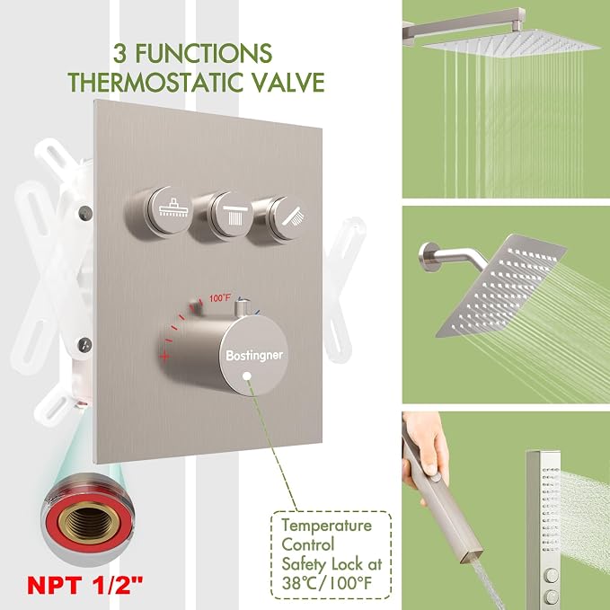 Thermostatic Shower System Wall Mounted, 12 inch Dual Shower Faucet Set - Image 4