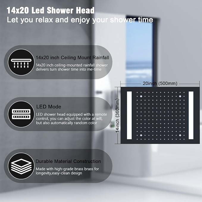 Rain Shower Head System with 14x20 Inch Ceiling Mount LED Head & 6 Inch Wall - Image 3