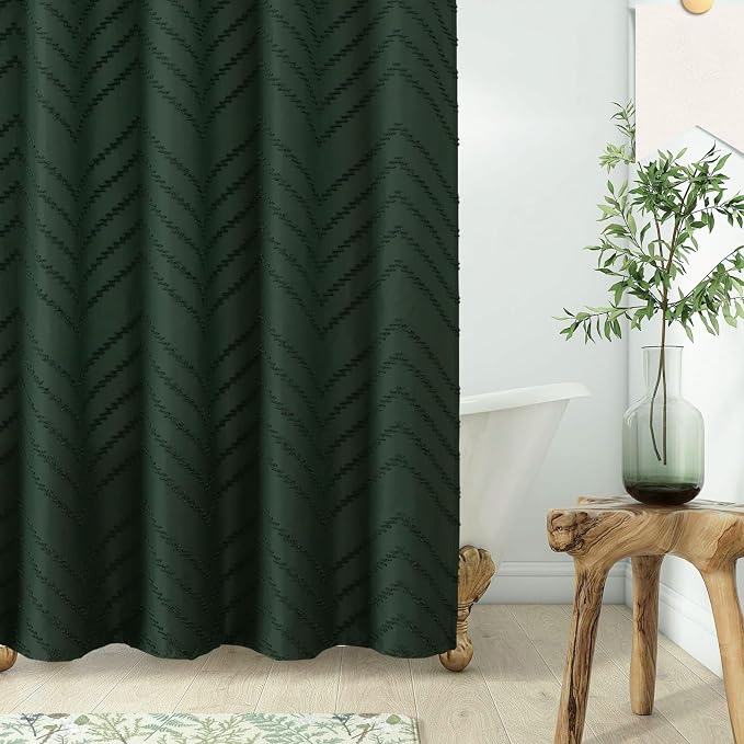 96inch Extra Long Dark Green Boho Shower Curtain Woven Fabric Shower Curtain - Image 7