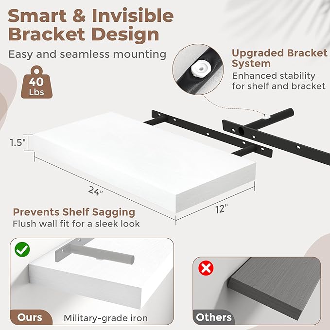 24 Inch Floating Shelves for Wall Set of 2, Easy Install Engineered Wood - Image 2