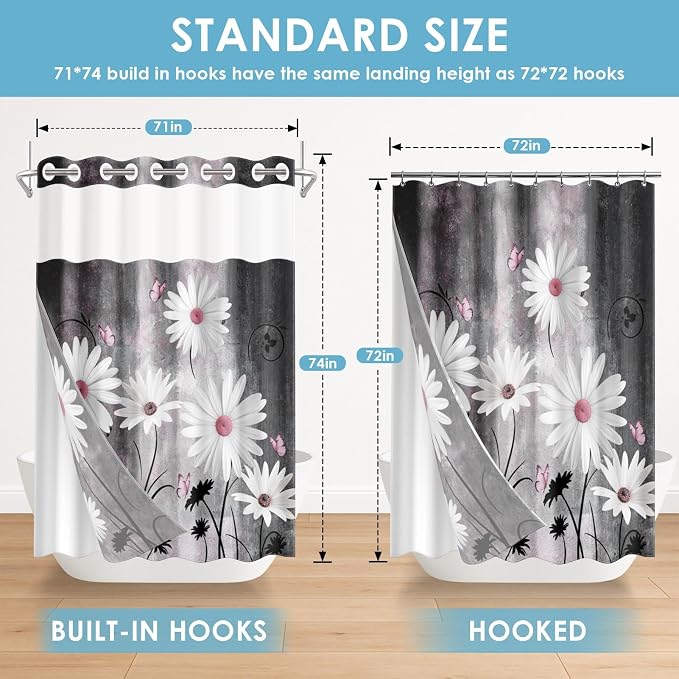 No Hook Pink White Daisy Butterfly Shower Curtain - Image 7