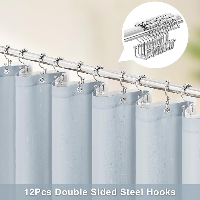 MitoVilla 3 in 1 Shower Curtain Set, FogBlue Boho Farmhouse Linen Textured Bath - Image 2
