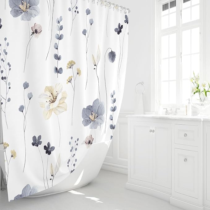 Gibelle Watercolor Floral Shower Curtain, Modern Minimalist White Waterproof - Image 3