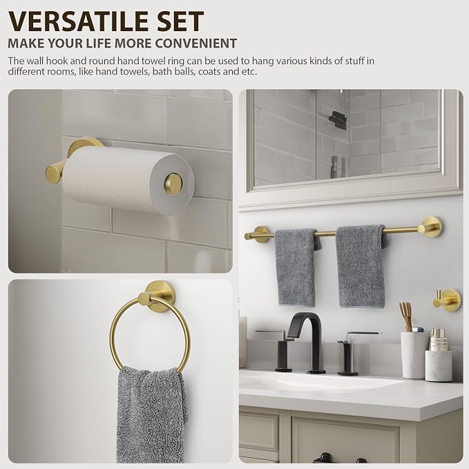 Brushed Gold Bathroom Hardware Set 4 Piece Towel bar Set, Towel Rack - Image 4
