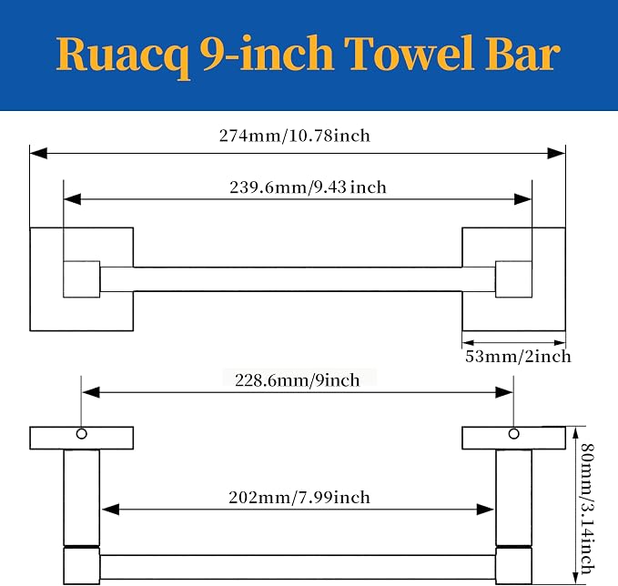 RUACQ Hand Towel Holder, 9-inch Hand Towel Bar, Square Base Towel Ring - Image 7