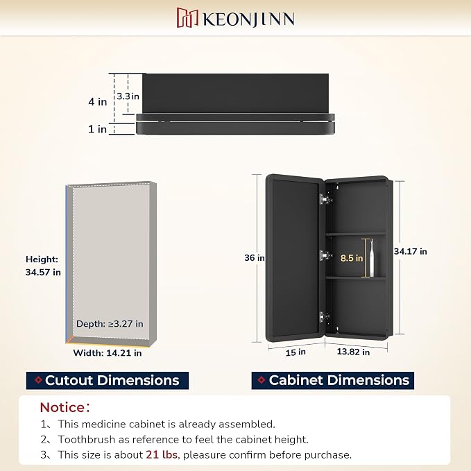 Keonjinn 15 x 36 Inch Black Slim Medicine Cabinets, Narrow Bathroom Medicine - Image 2