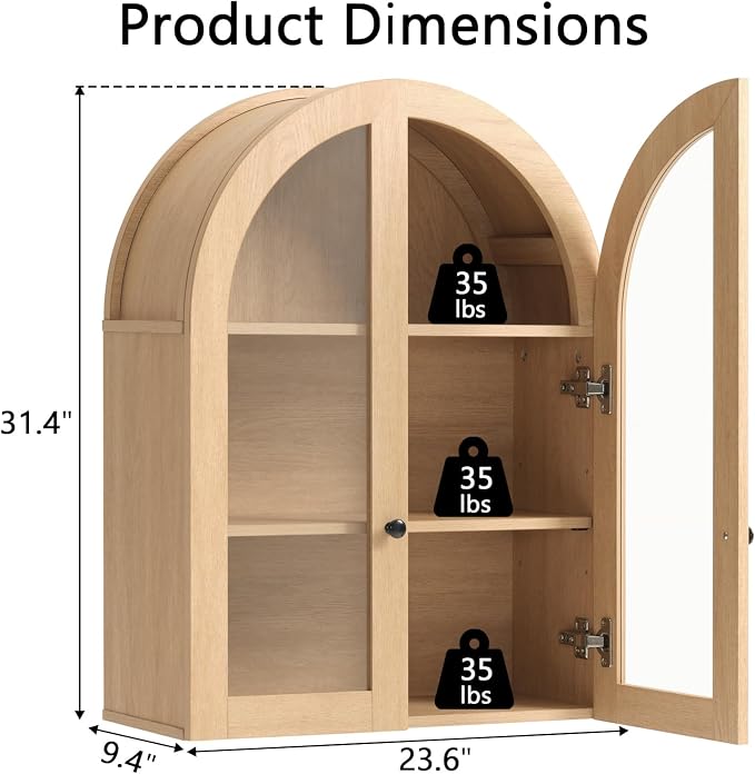 Bathroom Arched Wall Cabinet, 23.5'' Wide Medicine Cabinet, Bathroom Cabinet - Image 2