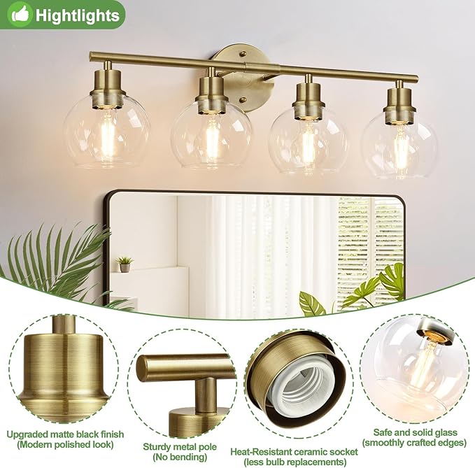 2024 Upgrade 4-Light Bathroom Light Fixtures, Brushed Brass Bathroom Lights - Image 3