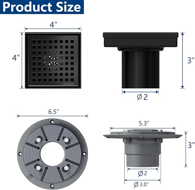 Neodrain 4 Inch Black Square Drain, 304 Stainless Steel Shower Drain Kits - Image 4