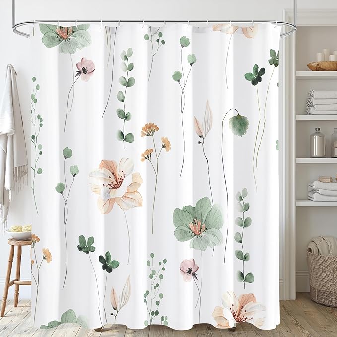 Gibelle Long Shower Curtain 72 x 78, Watercolor Floral Fabric Shower Curtain by Gibelle