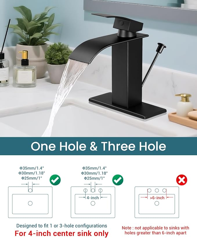 Bathroom Faucets with Lift Rod Drain Mater Black Waterfall Bathroom Sink Faucet - Image 3