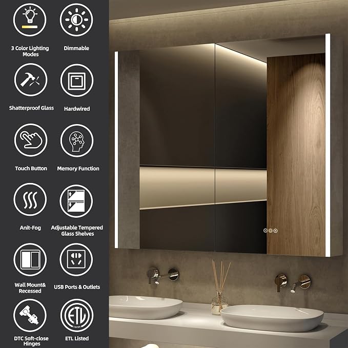 Medicine Cabinet with LED Lights and Mirror, 36 x 32 Inch Surface or Recessed - Image 3