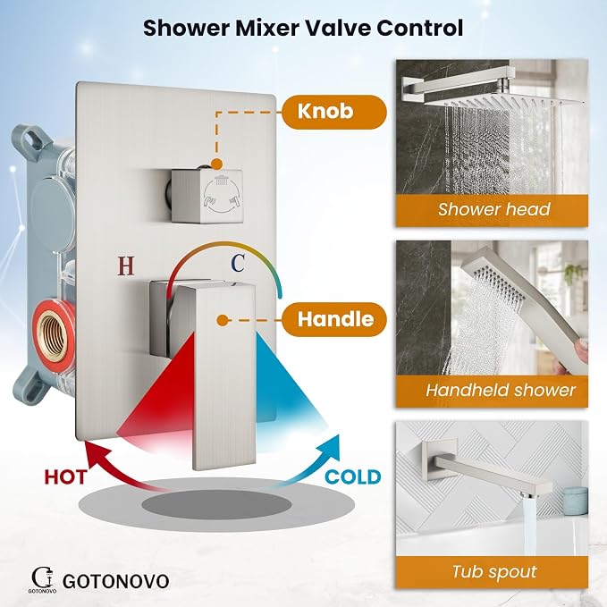 gotonovo Shower System with Tub Spout Wall Mounted Rain Shower Head and Handle - Image 3
