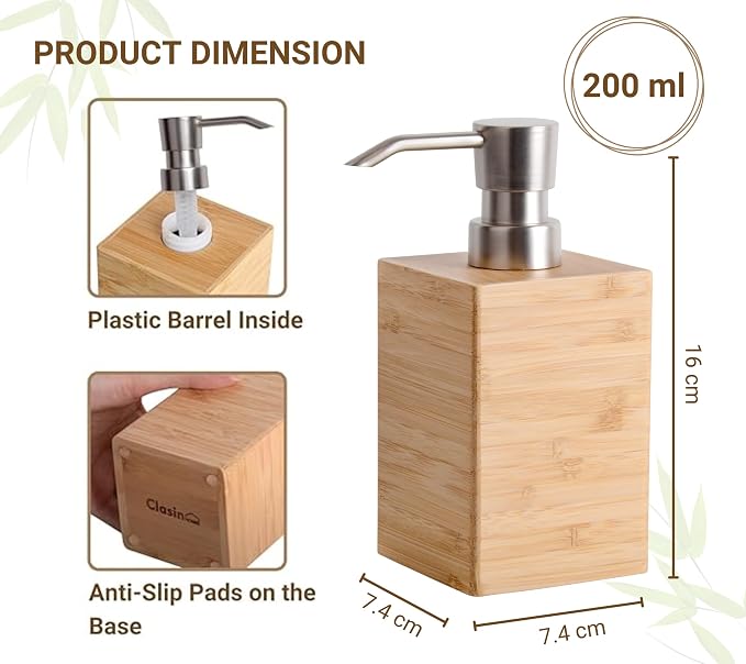 Bamboo Soap Dispenser with Anti-Slip Pads and Stylish Horizontal Wood Grain - Image 3