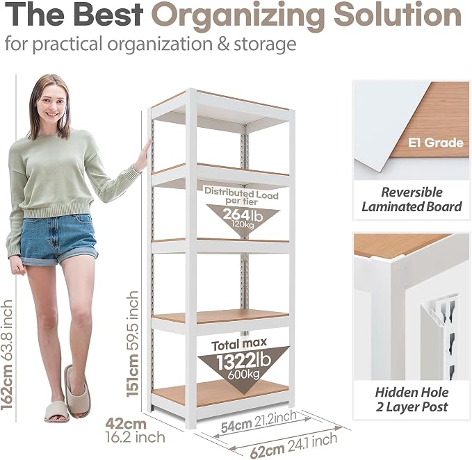 HOMEDANT House 5 Tier Laminated Metal Shelving Unit Adjustable Storage Utility - Image 2