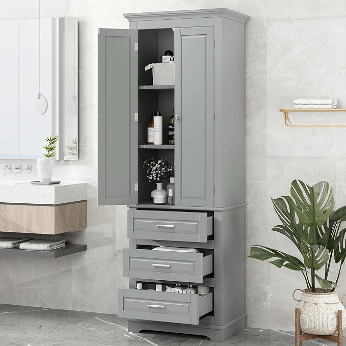 Tall Storage Cabinet with Doors, and Adjustable Shelves, Wood Narrow Storage by Virubi