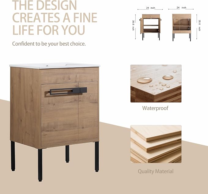 24 inch Bathroom Vanity with Sink, Single Sink Modern Mid Century Bathroom - Image 6