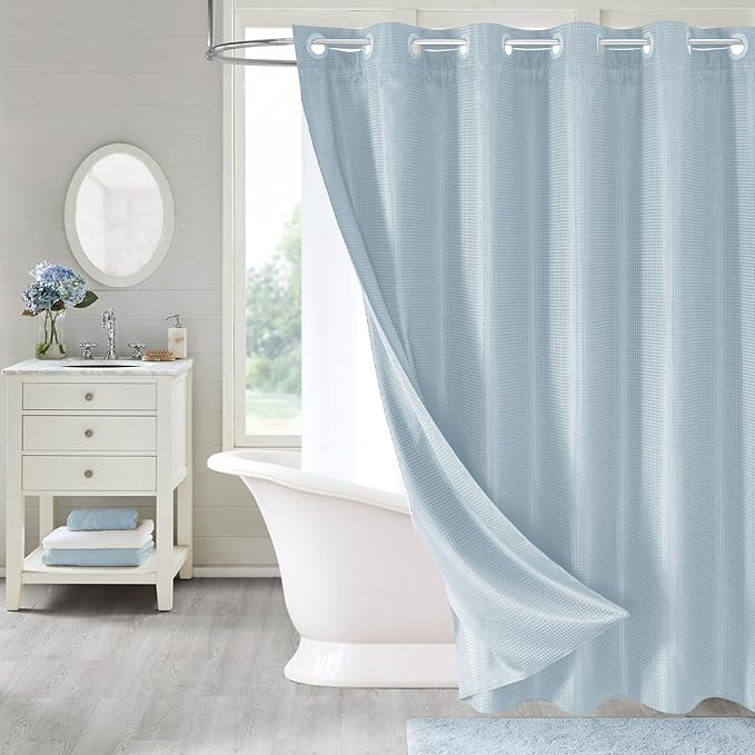 MitoVilla No Hooks Needed Blue Waffle Shower Curtain Liner Set, Modern Waffle by MitoVilla
